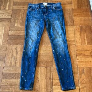 Current/Elliott studded dark wash low rise skinny jeans, faceted studs, 26